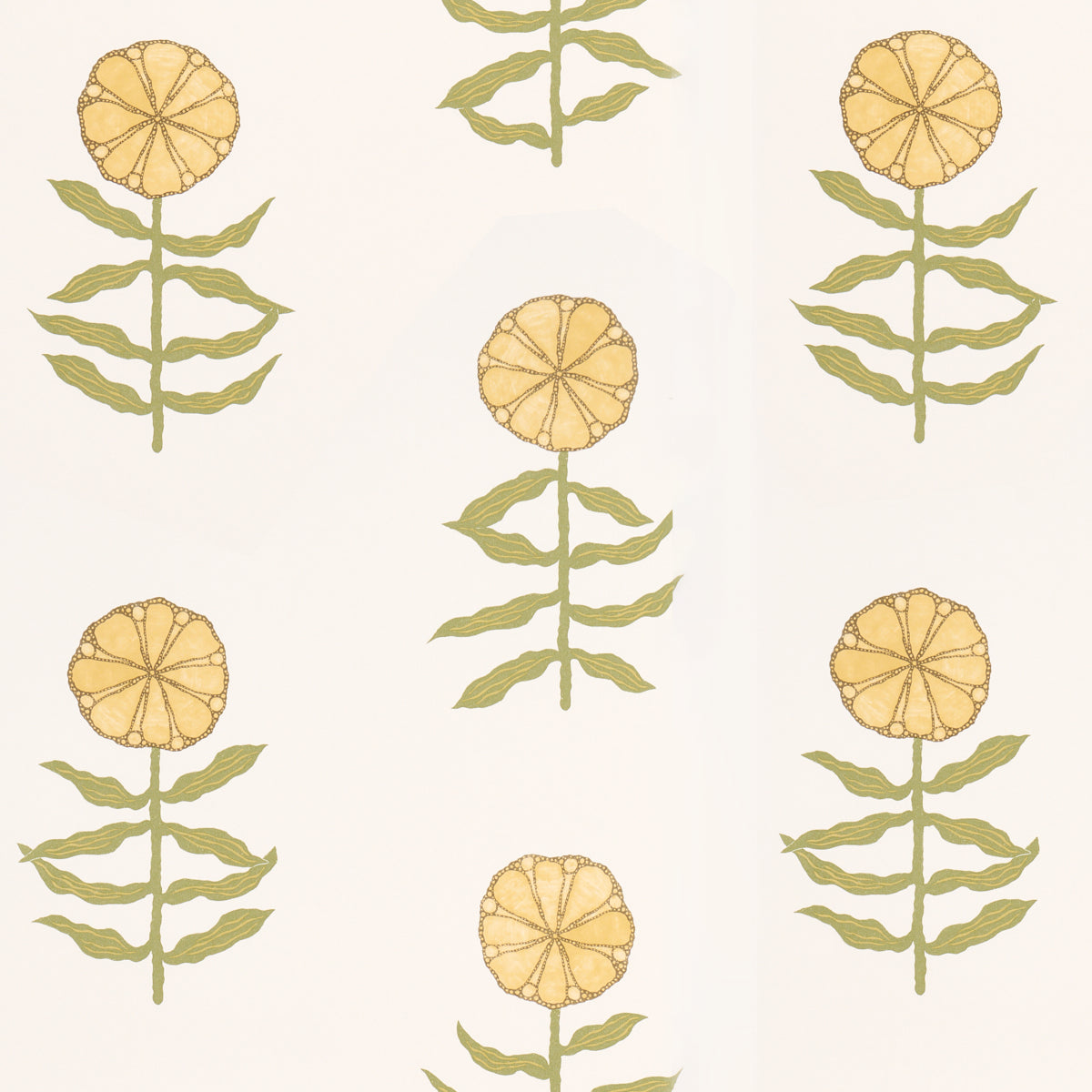Repeating botanical pattern of olive-green stems with paired leaves and round yellow flowers on a pale background.