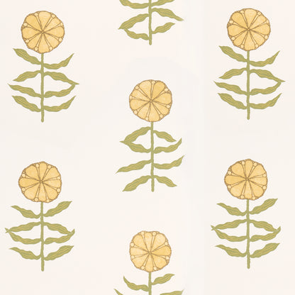 Repeating botanical pattern of olive-green stems with paired leaves and round yellow flowers on a pale background.