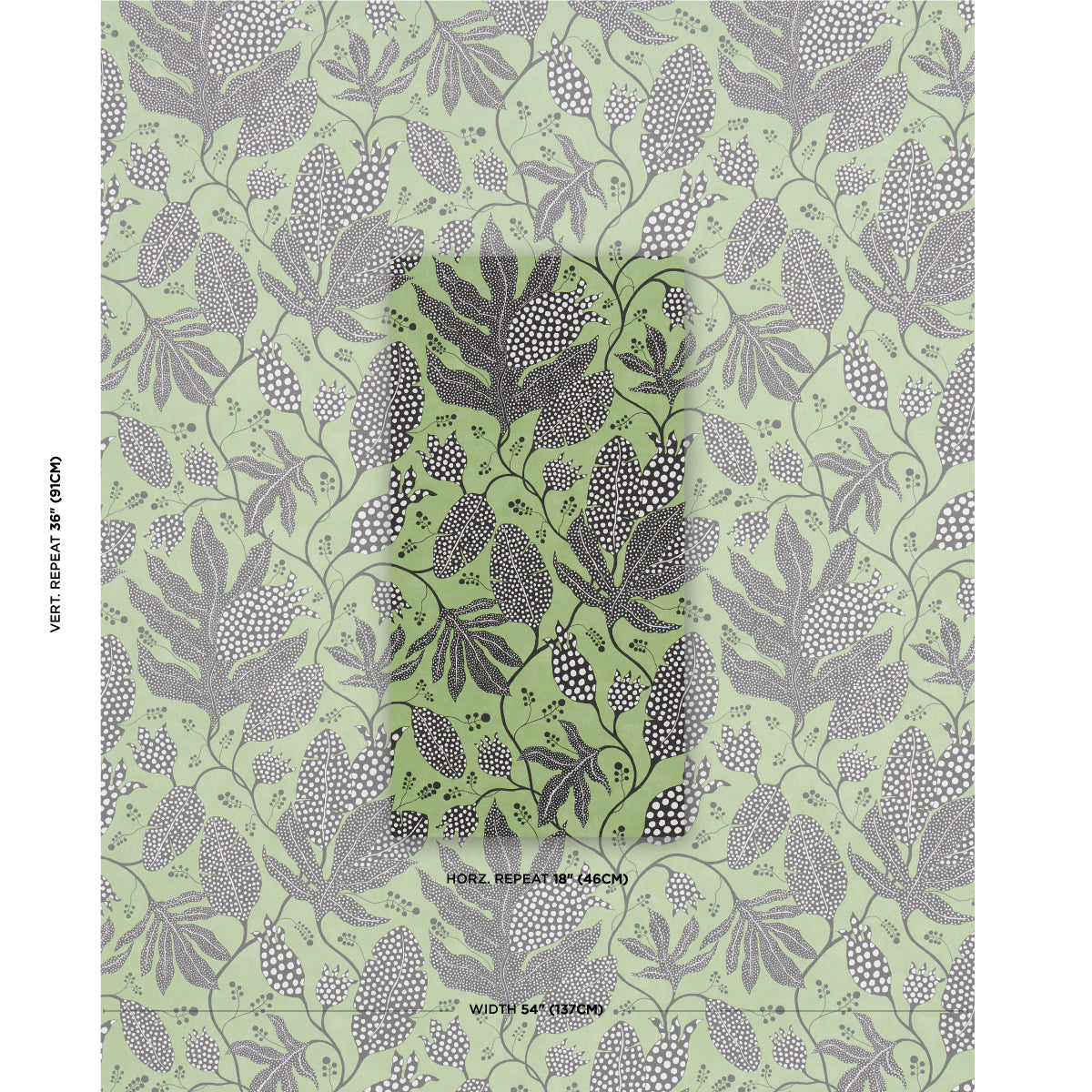 Wallpaper with a black and green jungle polka-dot pattern.