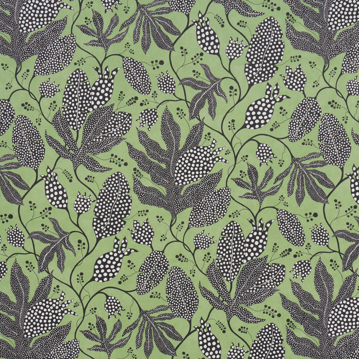 Olive-green fabric with black botanical print of leaves and berry clusters.