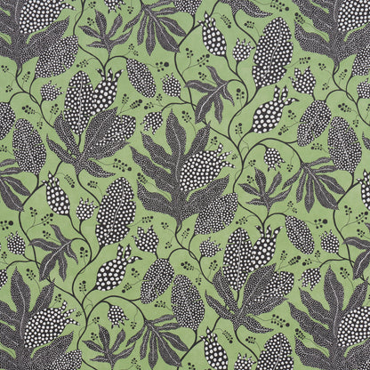Olive-green fabric with black botanical print of leaves and berry clusters.