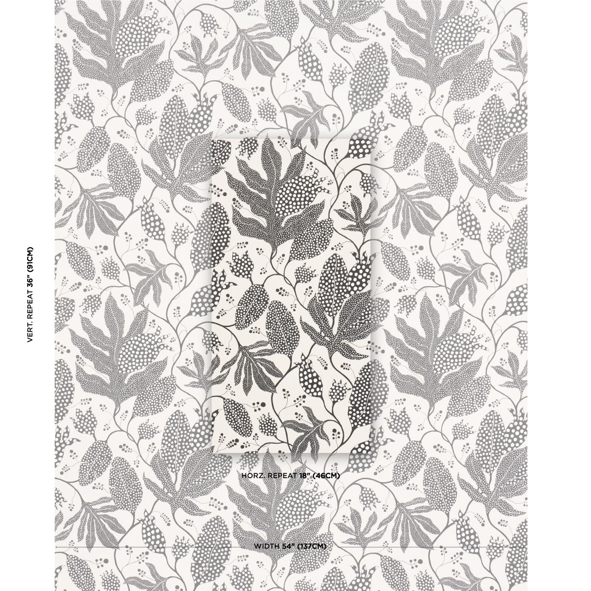 Gray wallpaper featuring a dense pattern of leafy branches with polka dot jungle accents, decorative indoor wall covering.