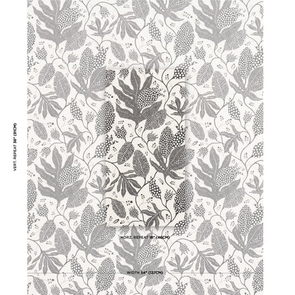 Gray wallpaper featuring a dense pattern of leafy branches with polka dot jungle accents, decorative indoor wall covering.