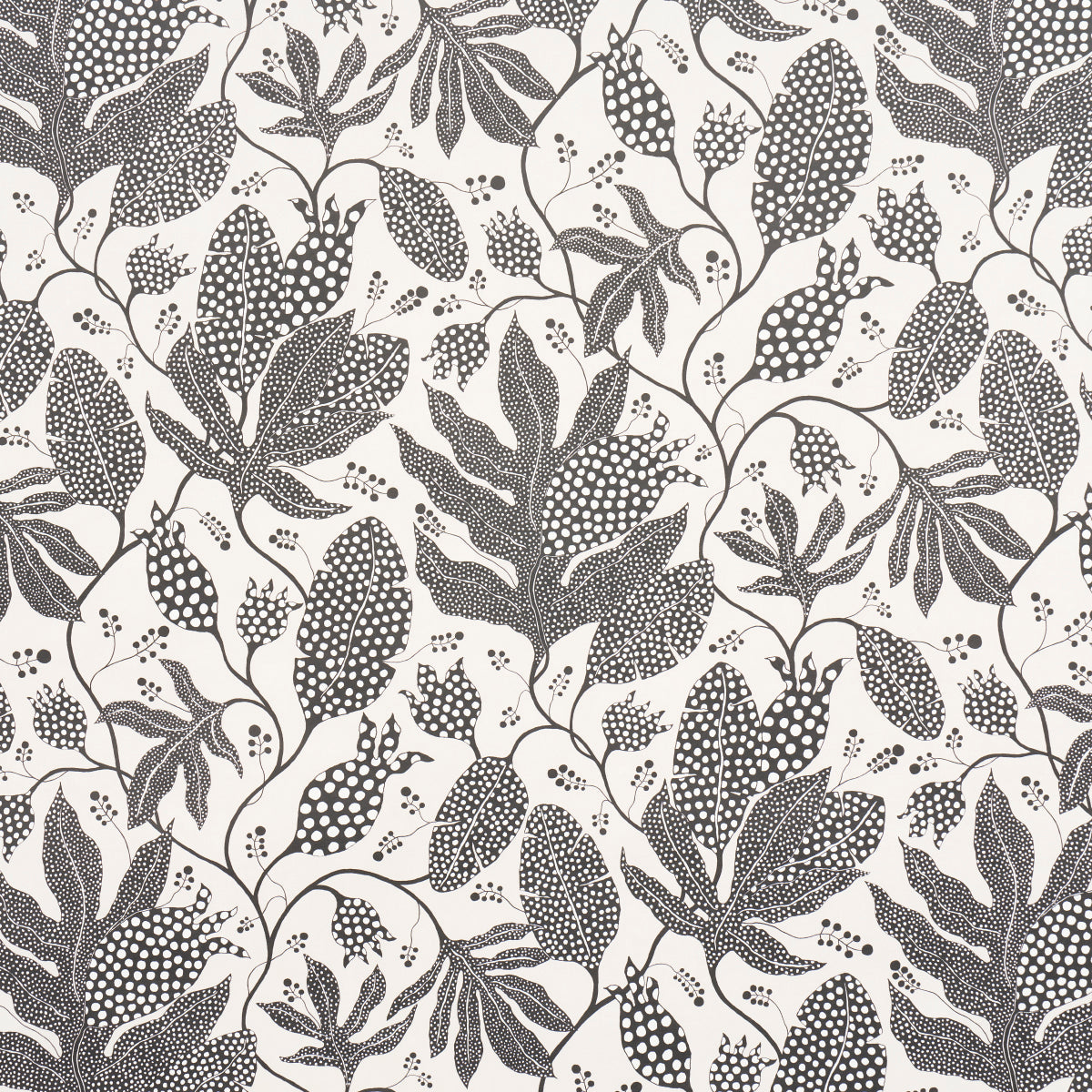 Dark gray botanical pattern with leaves and berry clusters on a pale background; suitable for fabric or wallpaper.