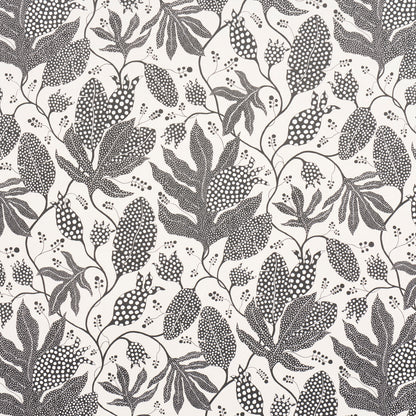 Dark gray botanical pattern with leaves and berry clusters on a pale background; suitable for fabric or wallpaper.