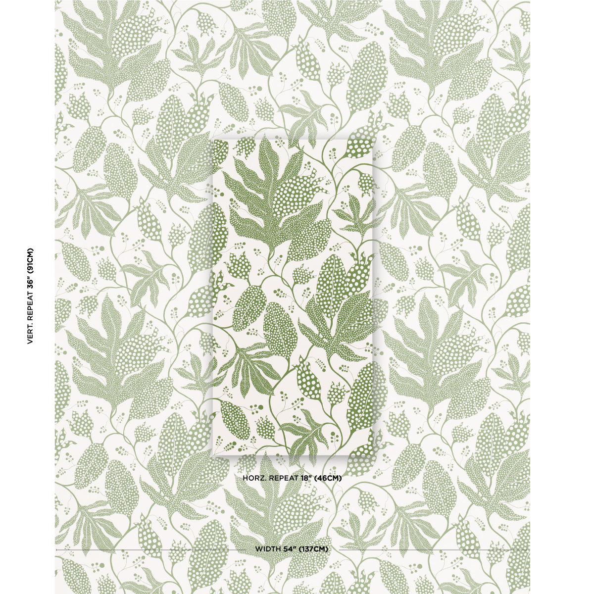 Sage-green botanical leaf wallpaper on cream background; repeating vine/fern motif for walls.