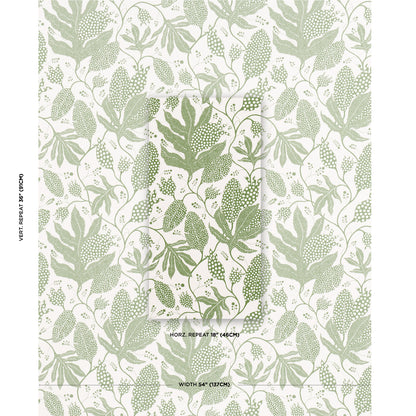 Sage-green botanical leaf wallpaper on cream background; repeating vine/fern motif for walls.