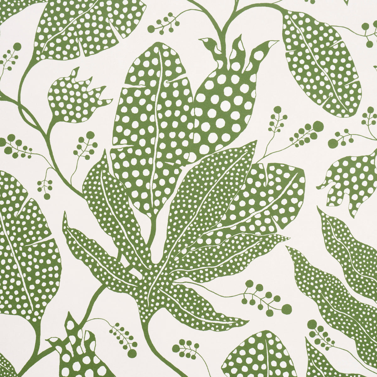 Green botanical leaf pattern with dotted leaf motifs on an ivory background.