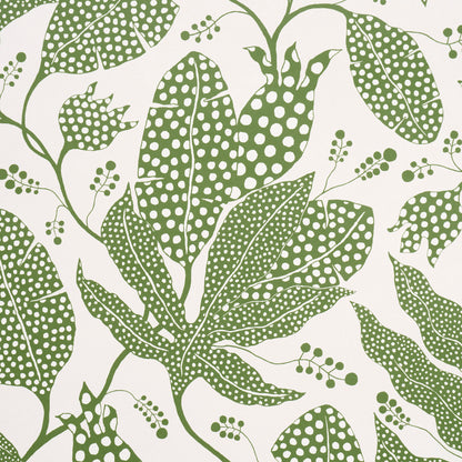 Green botanical leaf pattern with dotted leaf motifs on an ivory background.