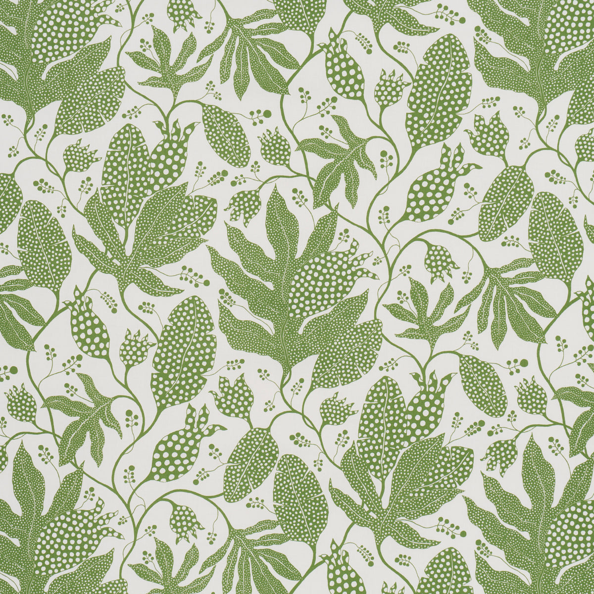 Olive green botanical leaf print on creamy background; repeating foliage pattern for fabric or wallpaper