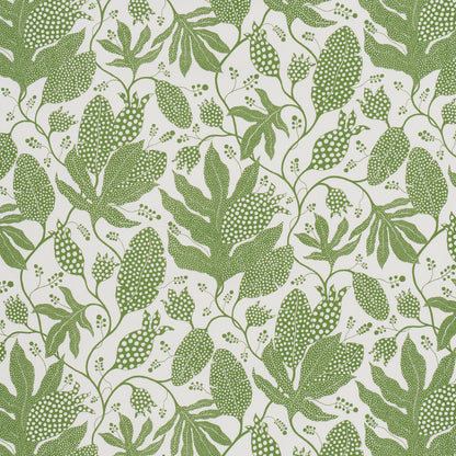 Olive green botanical leaf print on creamy background; repeating foliage pattern for fabric or wallpaper