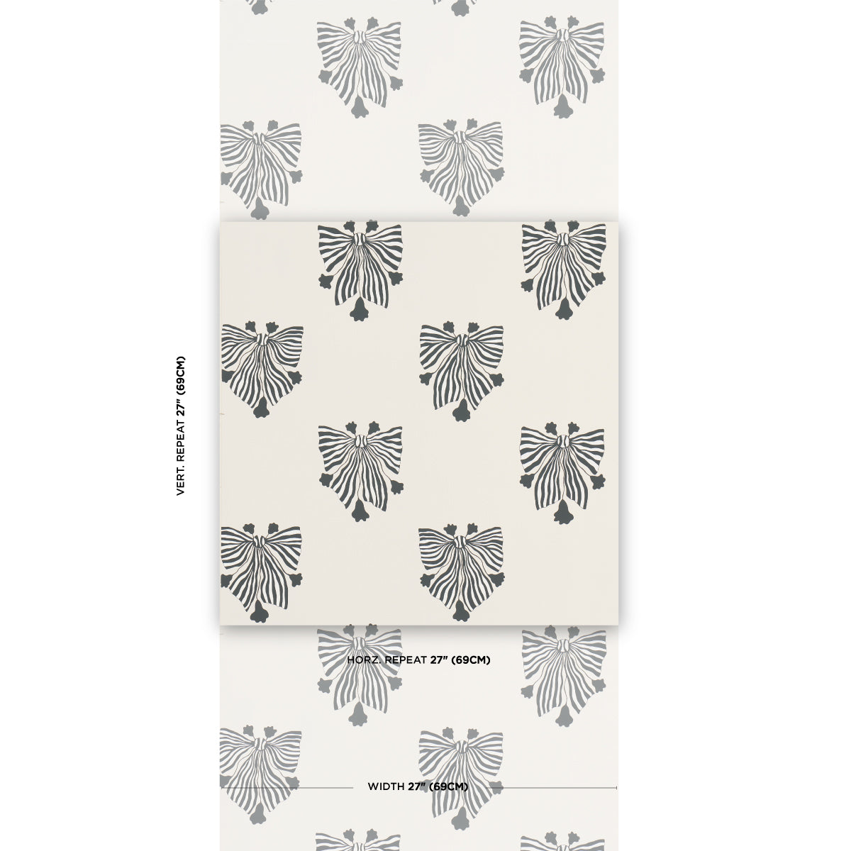Cream paper with repeating grey striped bow silhouettes; vertical repeat 27 inches.