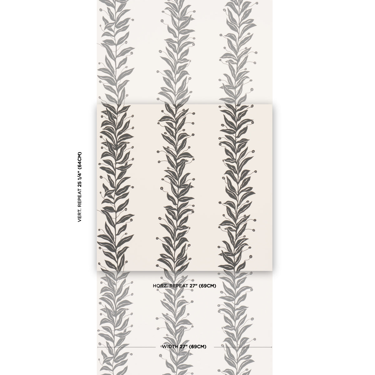 Grey leafy vine wallpaper with vertical repeating stems on ivory background; decorative wall covering.