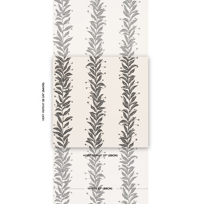 Grey leafy vine wallpaper with vertical repeating stems on ivory background; decorative wall covering.