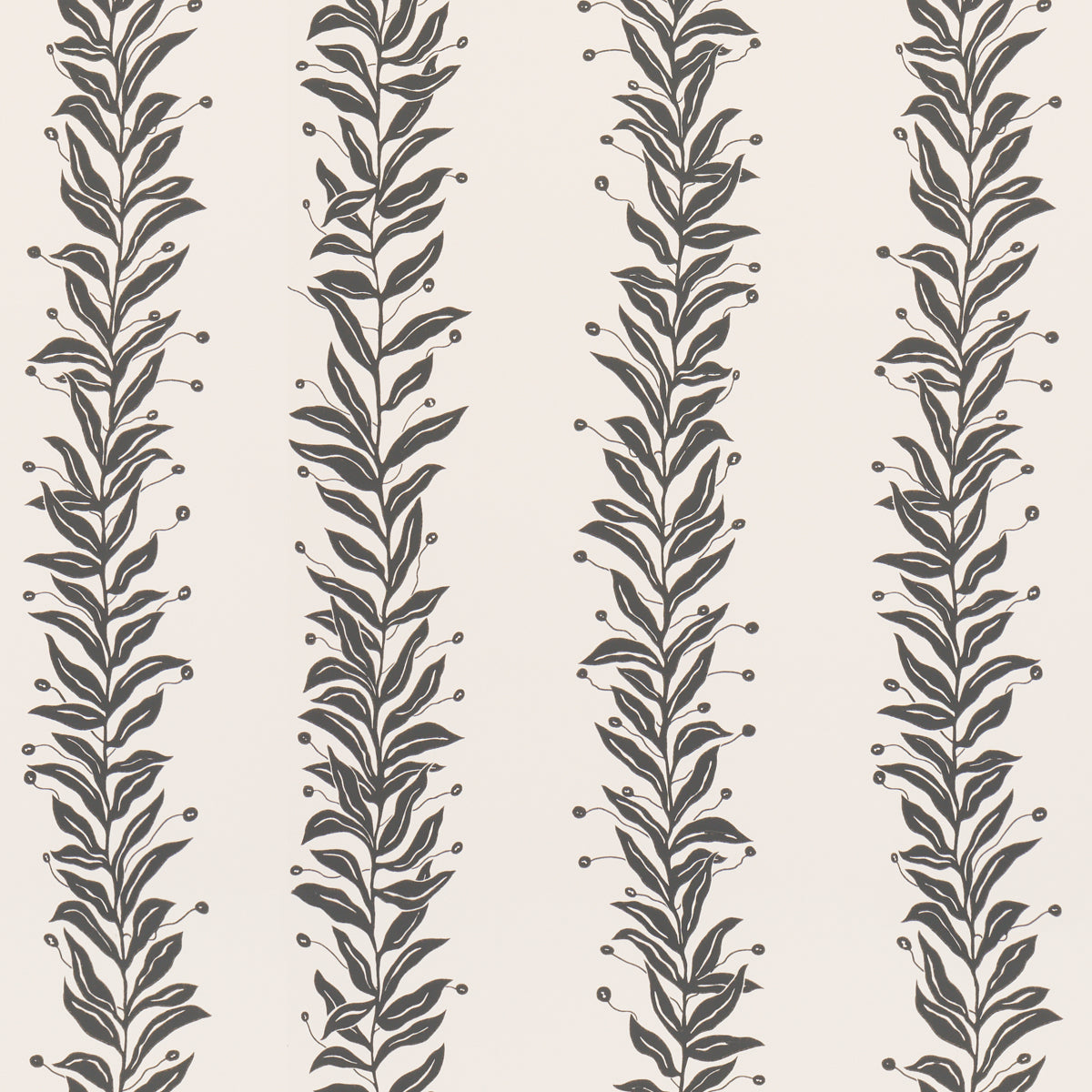 Beige wallpaper featuring repeating vertical tendril stripe with dark leaves and small round buds.