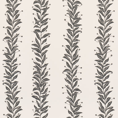 Beige wallpaper featuring repeating vertical tendril stripe with dark leaves and small round buds.
