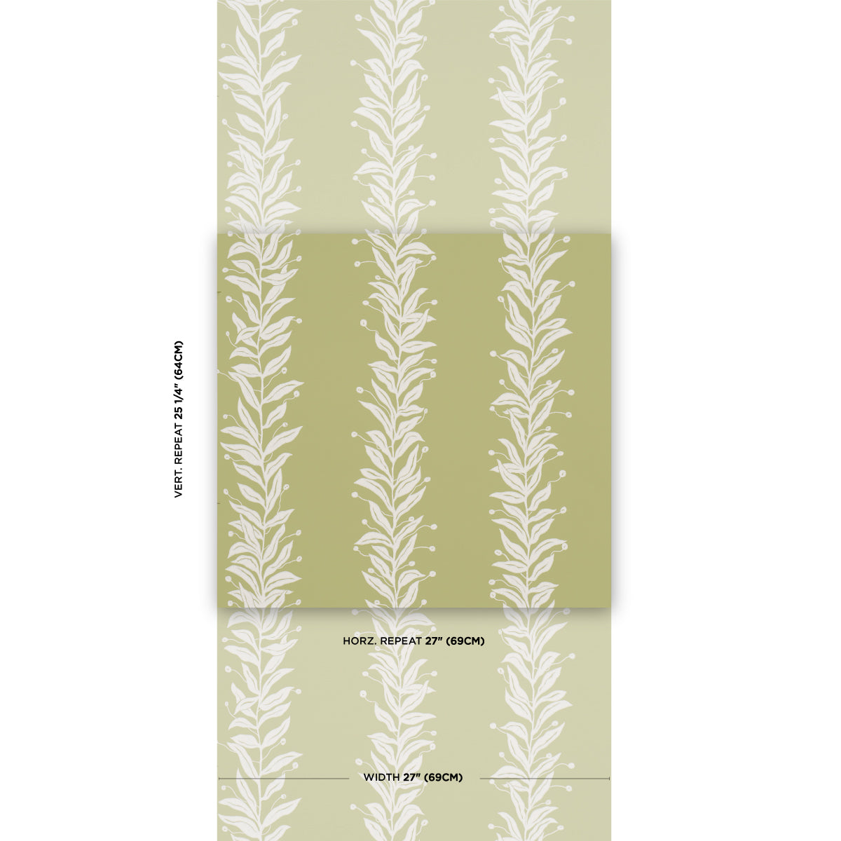 Olive green wallpaper with white vertical leafy fern motifs in repeating stripes; folded sample sheet.