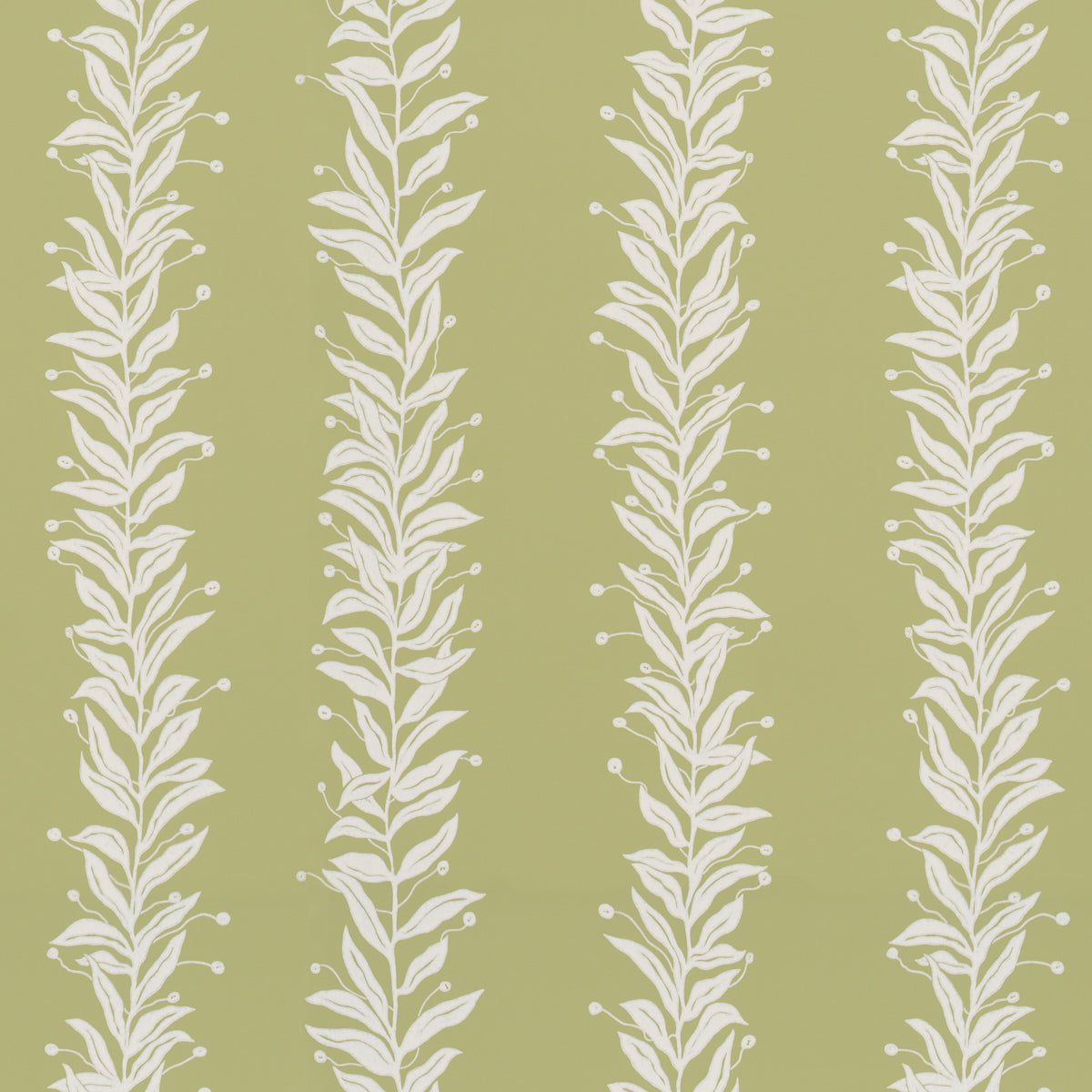 Olive green wallpaper with vertical white botanical stems and leaf motifs in repeating columns