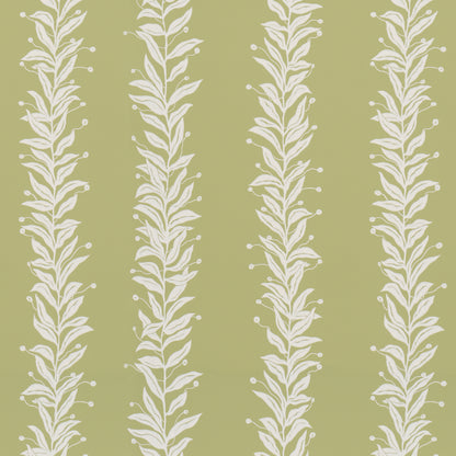Olive green wallpaper with vertical white botanical stems and leaf motifs in repeating columns