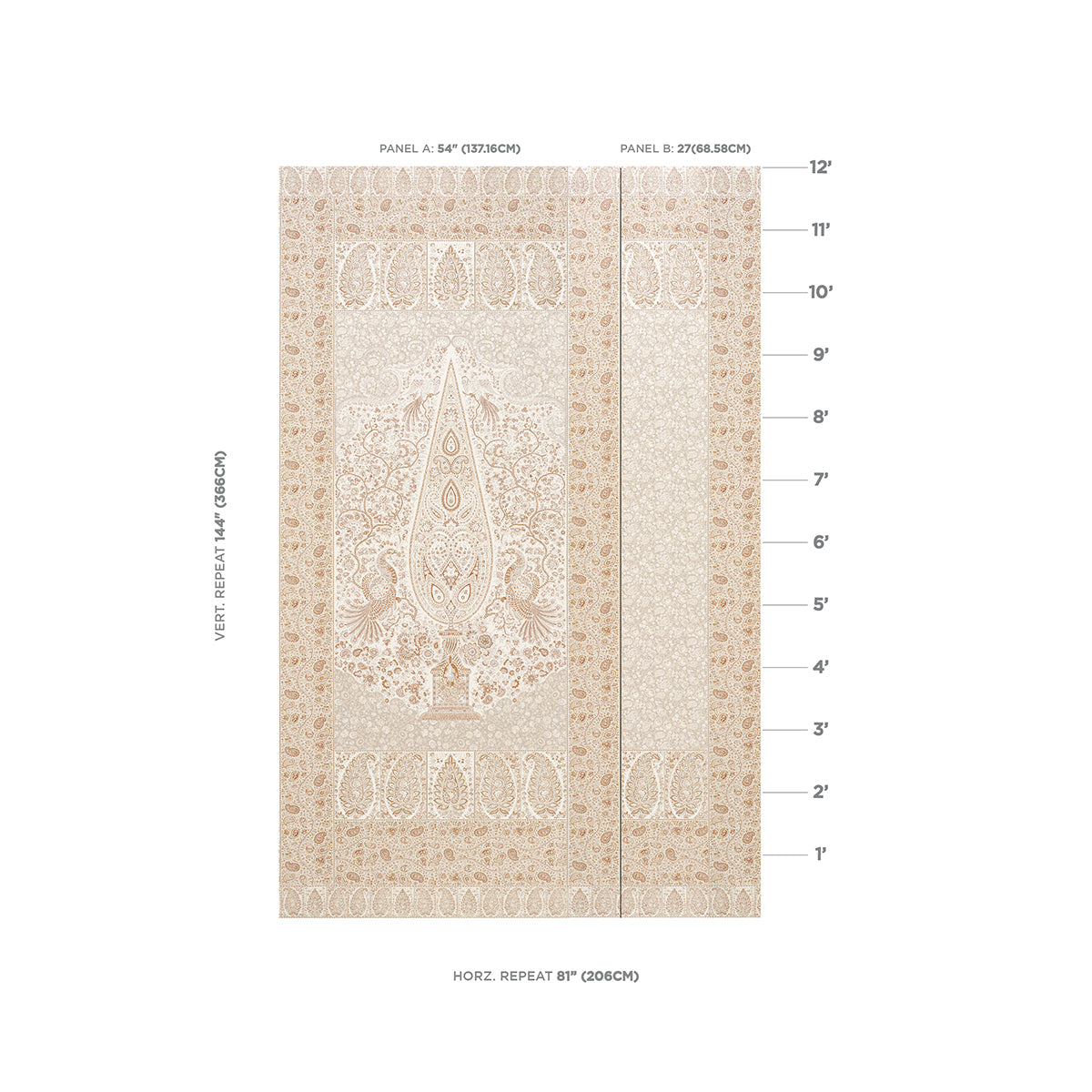 Beige paisley panel set in parchment tones; two-panel view in cream & gold.