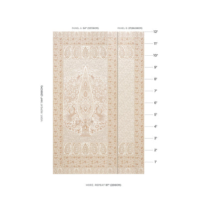 Beige paisley panel set in parchment tones; two-panel view in cream & gold.