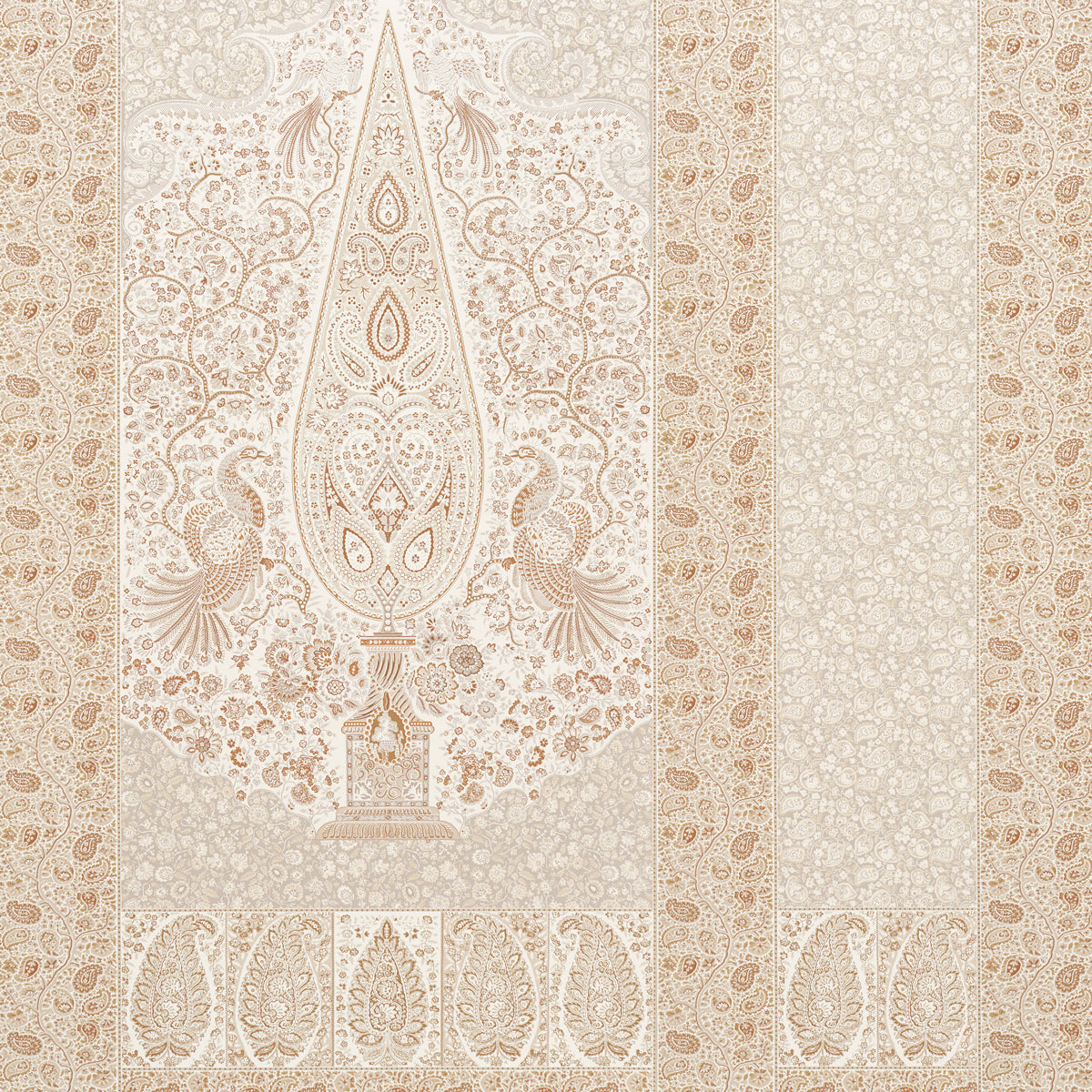 Cream and parchment paisley panel wallpaper with a central teardrop motif and ornate floral borders.