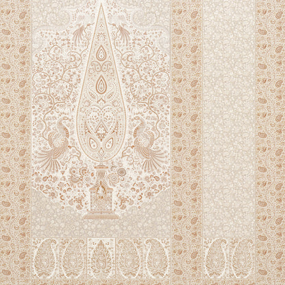 Cream and parchment paisley panel wallpaper with a central teardrop motif and ornate floral borders.
