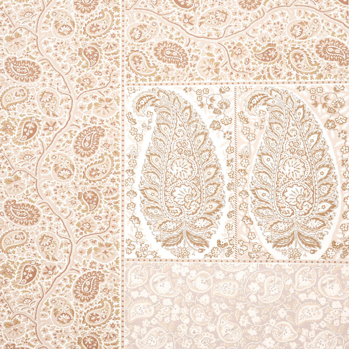 Beige parchment paisley damask panel set with ornate floral design, vintage style for upholstery or wallpaper.