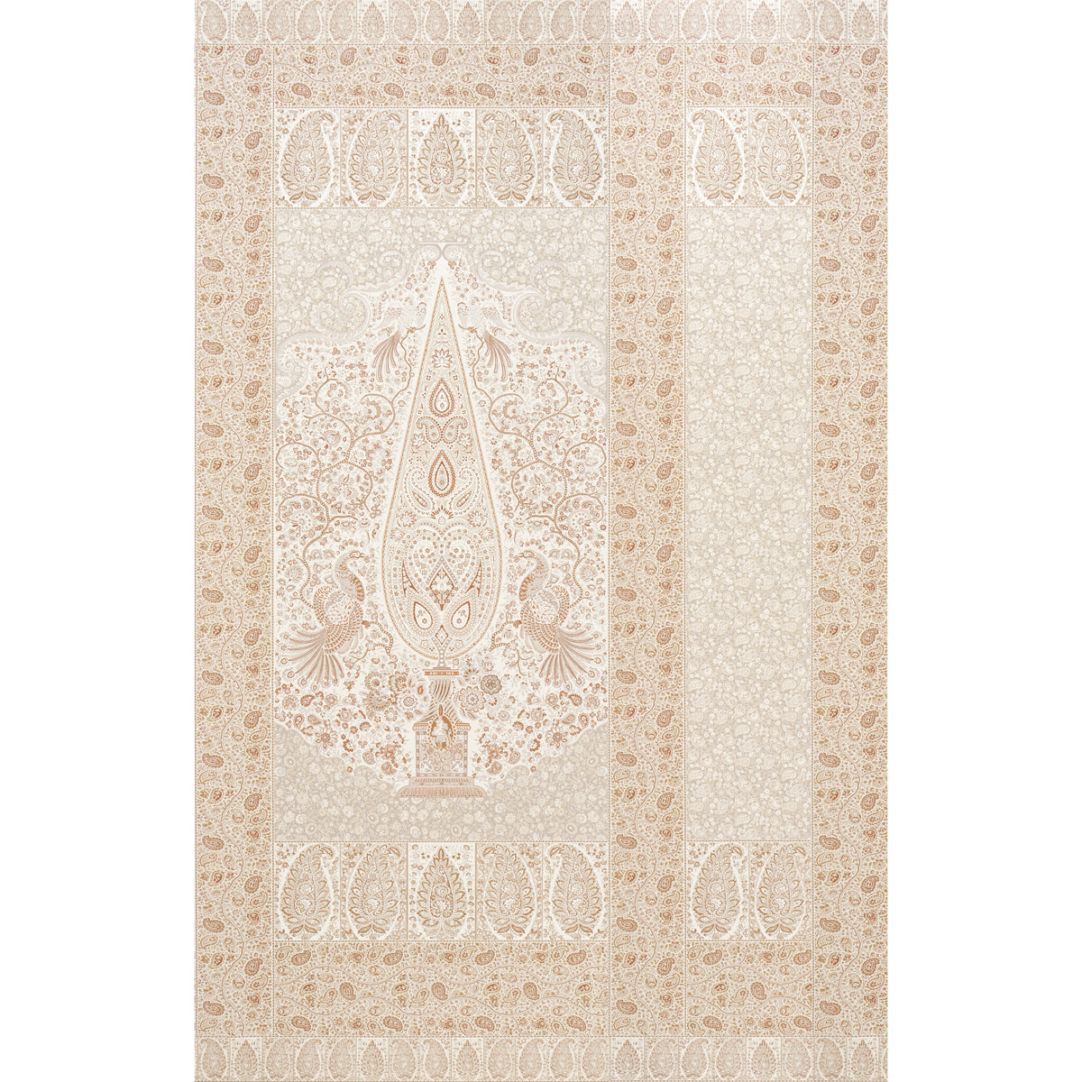 Beige-toned paisley panel wallpaper with a central teardrop motif & intricate floral borders in parchment beige hues.