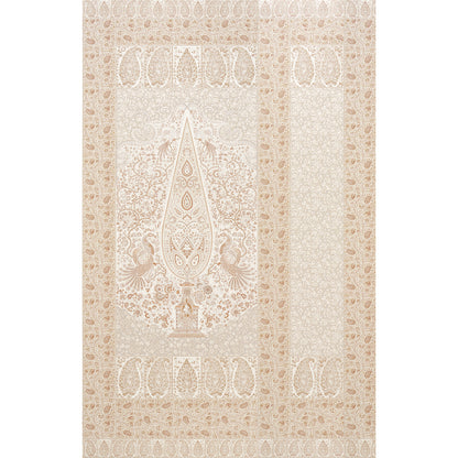 Beige-toned paisley panel wallpaper with a central teardrop motif & intricate floral borders in parchment beige hues.