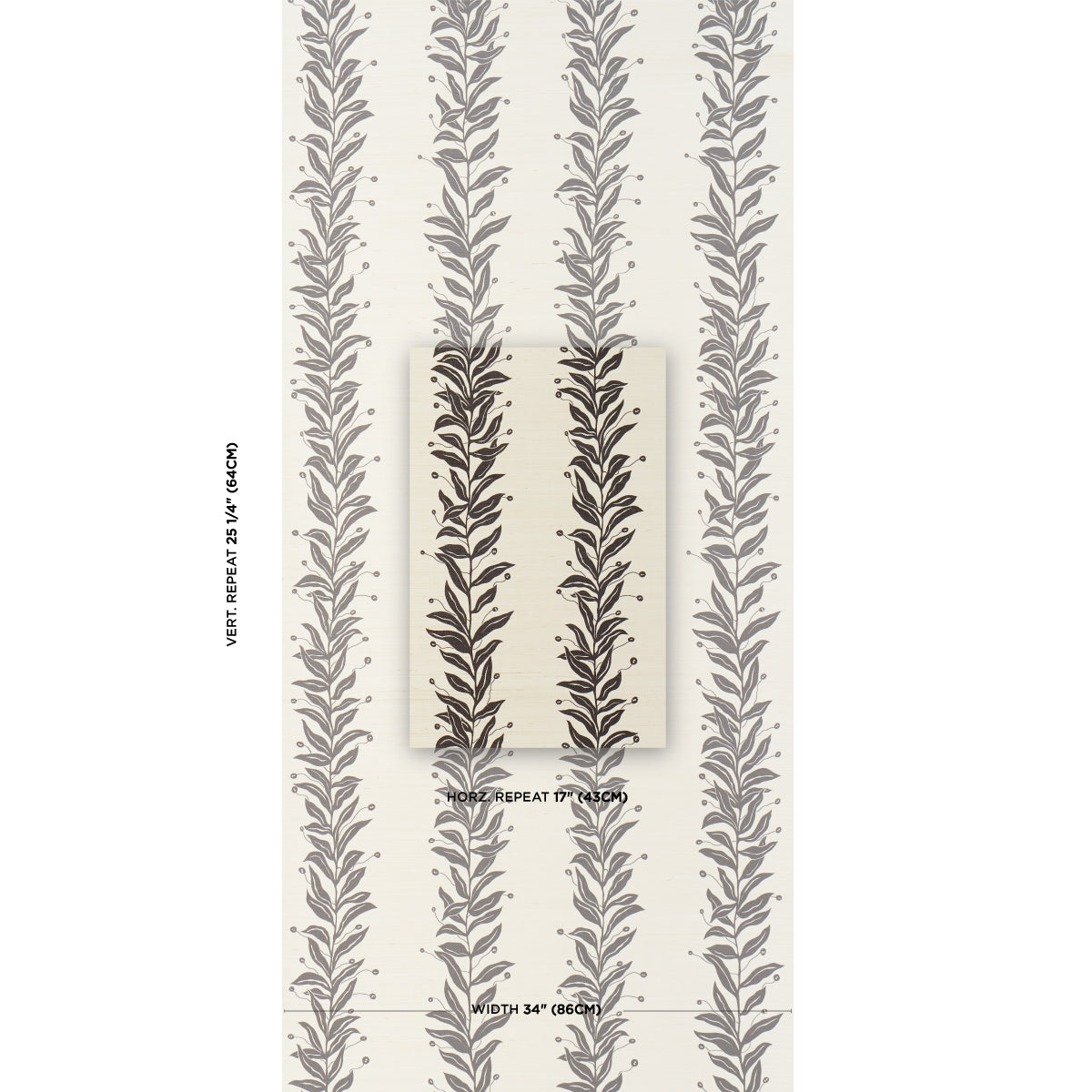 Vertical black and cream tendril stripe wallpaper with repeating botanical fronds on a cream background.