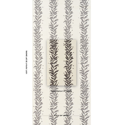 Vertical black and cream tendril stripe wallpaper with repeating botanical fronds on a cream background.