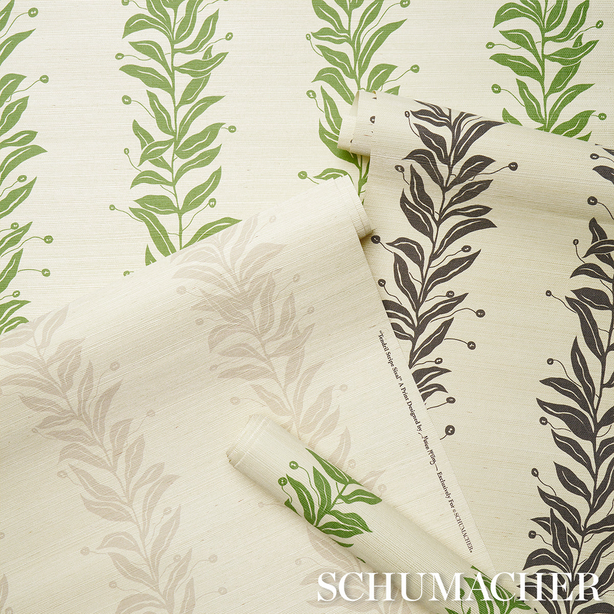 Tendril stripe wallpaper on a sisal texture in black & cream, rolled and unfurled swatches.