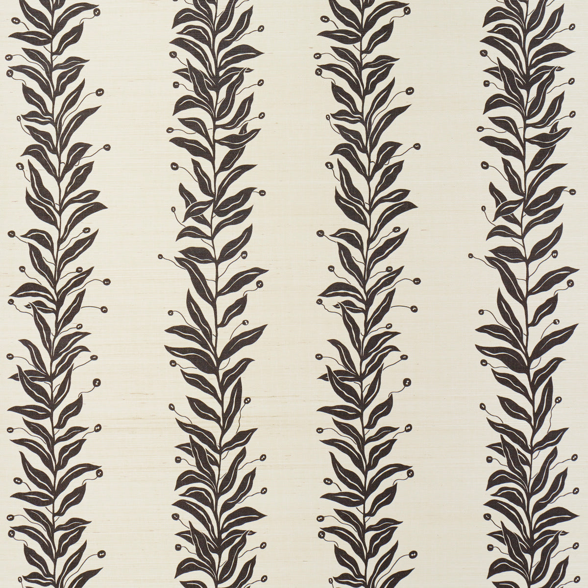 Cream wallpaper with black tendrils and small buds in a repeating stripe pattern.