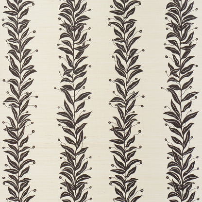 Cream wallpaper with black tendrils and small buds in a repeating stripe pattern.