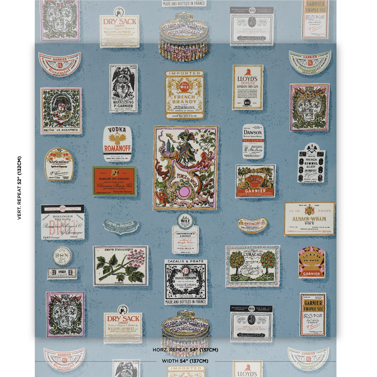 Backdrop design on a blue background with an ornate central crest and decorative vintage label motifs; collage of label art.