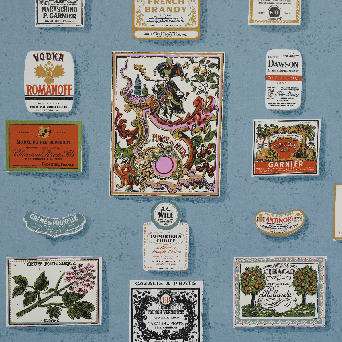 Backdrop design featuring a collage of vintage liquor bottle labels on a blue textured background; ornate typography & floral illustrations.