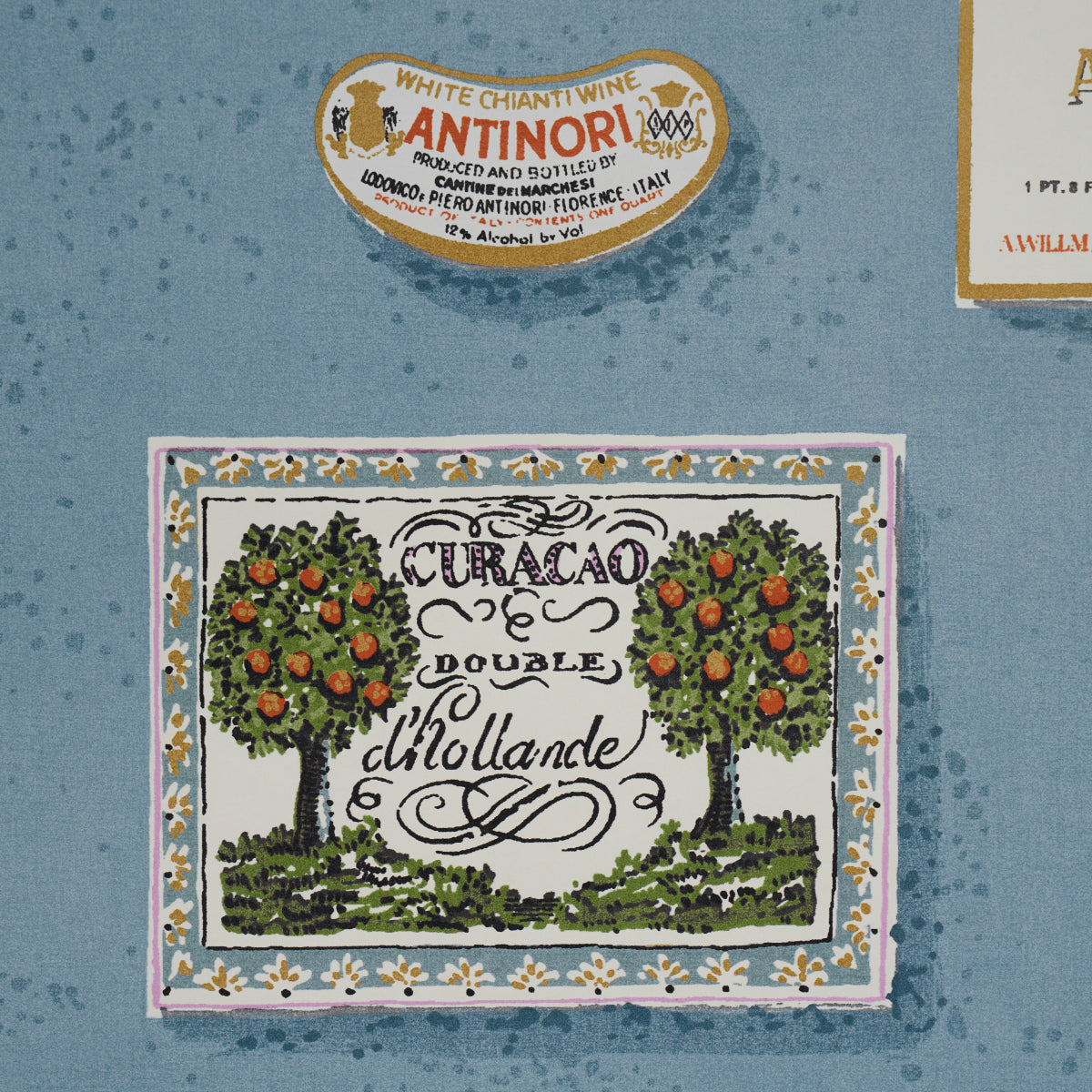 Blue textured backdrop featuring a vintage Curacao liqueur label motif: cream panel, two orange trees and a decorative border.
