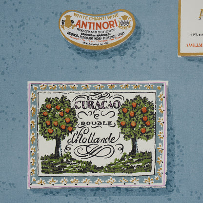 Blue textured backdrop featuring a vintage Curacao liqueur label motif: cream panel, two orange trees and a decorative border.
