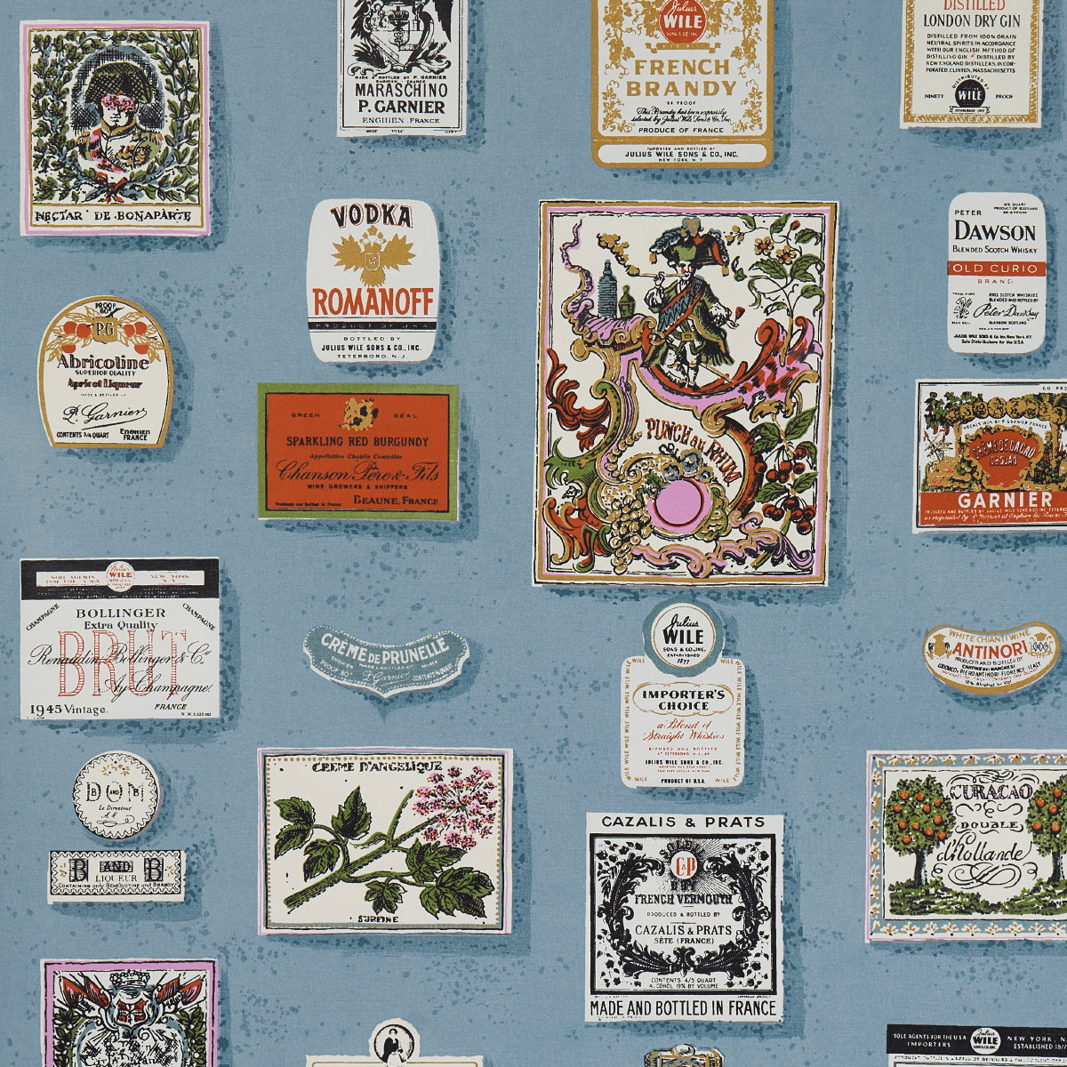 Blue wallpaper with scattered vintage liquor labels, ornate borders, botanical illustrations, and a dragon motif.