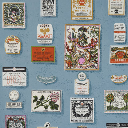 Blue wallpaper with scattered vintage liquor labels, ornate borders, botanical illustrations, and a dragon motif.