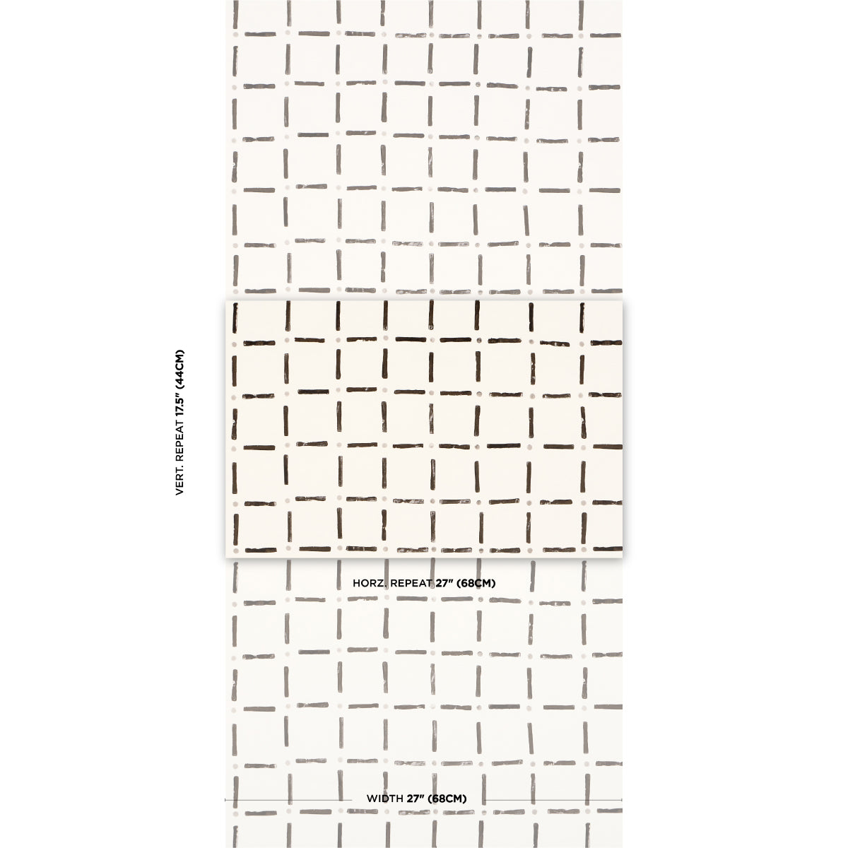 Wallpaper swatch with a dashed square grid; fold-out sample sheet; predominantly black with white, beige and gray tones.