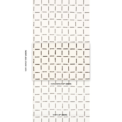 Wallpaper swatch with a dashed square grid; fold-out sample sheet; predominantly black with white, beige and gray tones.