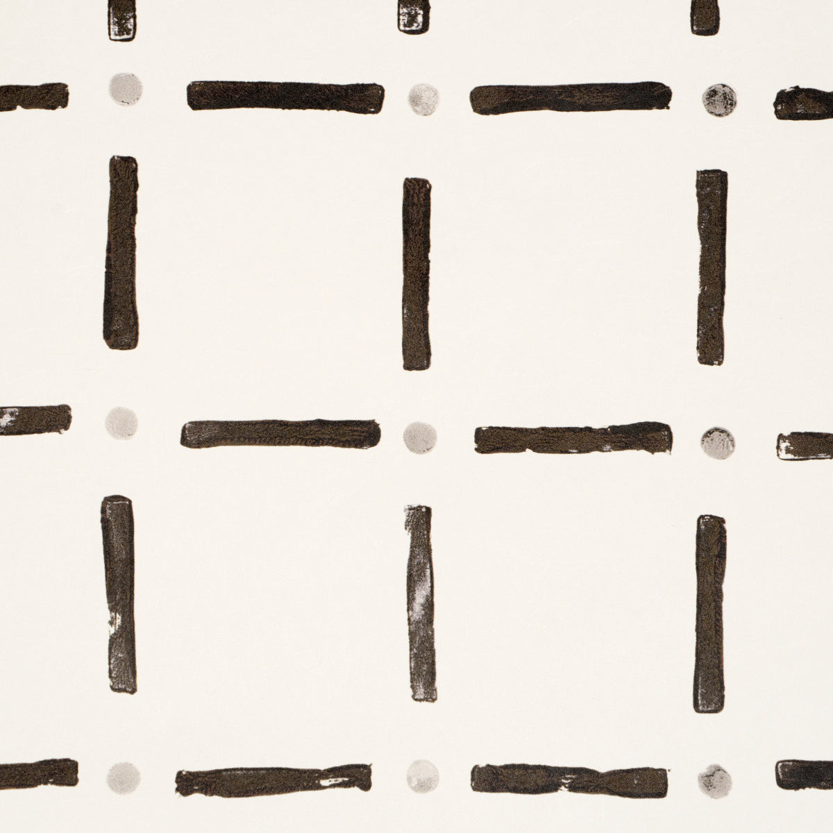 Beige background with a dark brown, hand-drawn grid of vertical and horizontal dashes, dotted with light gray circles.