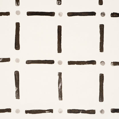 Beige background with a dark brown, hand-drawn grid of vertical and horizontal dashes, dotted with light gray circles.
