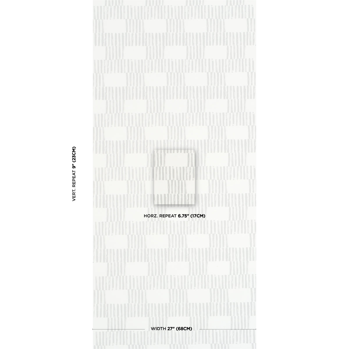 White fabric swatch with pale grey checkerboard weave; subtle pattern, horizontal repeat 6.75" and width 27
