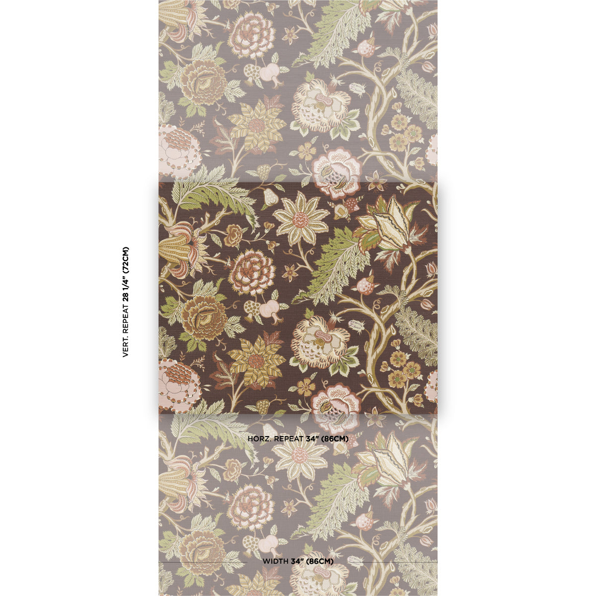 Three floral damask wallpaper swatches in beige, dark brown, and gray with ornate botanical motifs.