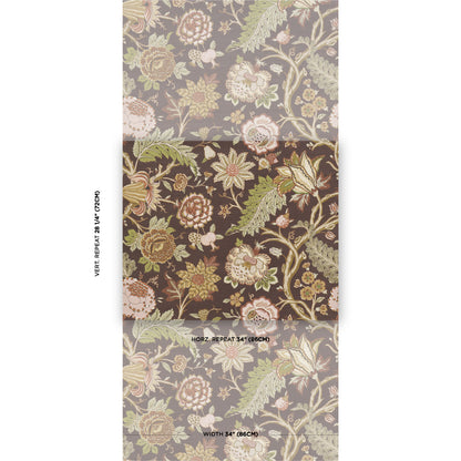 Three floral damask wallpaper swatches in beige, dark brown, and gray with ornate botanical motifs.