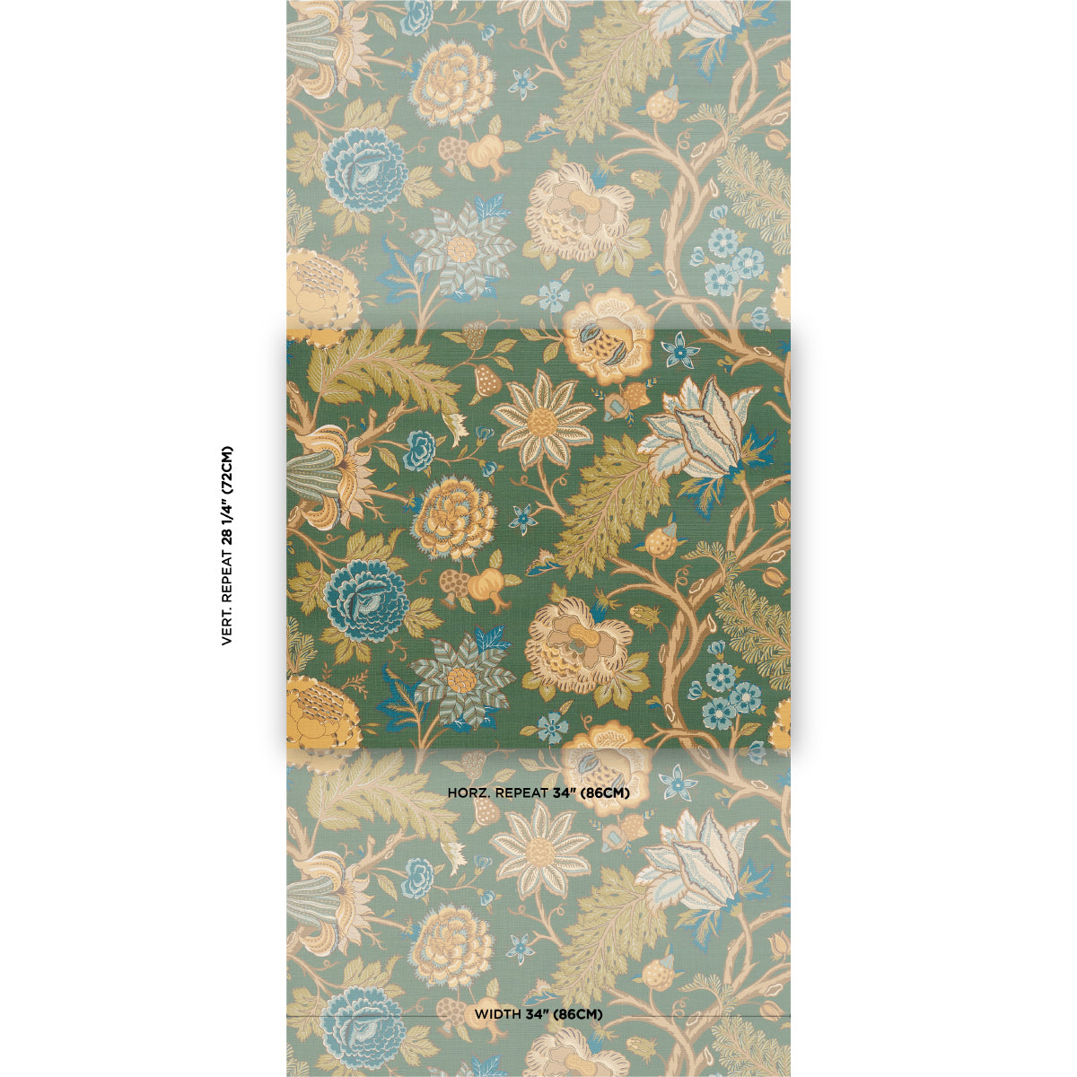 Damask floral wallpaper in teal, gold and blue with ornate blossoms and leaves; classic repeating pattern.