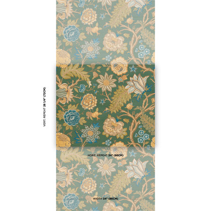 Damask floral wallpaper in teal, gold and blue with ornate blossoms and leaves; classic repeating pattern.